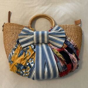 Sam Edelman Jaelynn Straw Tote Purse Bag Beach Boho Cottagecore Bow Stripes